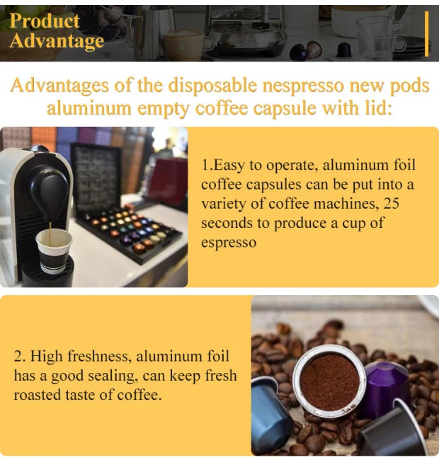1000PCS Refillable Disposable Pods Nespresso Coffee Capsule Filter Cups with Non-sticker Aluminum Lids for Espresso Machine 37mm