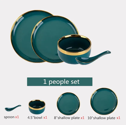 Green With Gold Inlay Quality Plates Full Set Luxury Steak Food Tray Ceramic Dinner Dish Salad Bowl Spoon Porcelain Dinnerware