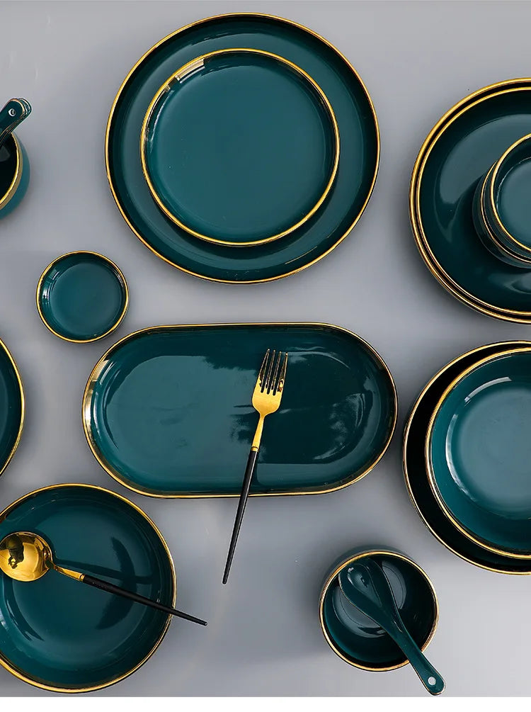 Gilt Rim Green Ceramic Plate Steak Food Plates Bowls Ins Dinner Dish Luxurious Porcelain Dinnerware Set For Family Hotel