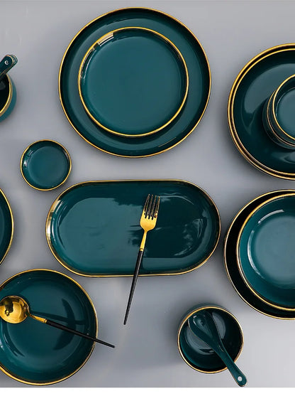 Gilt Rim Green Ceramic Plate Steak Food Plates Bowls Ins Dinner Dish Luxurious Porcelain Dinnerware Set For Family Hotel
