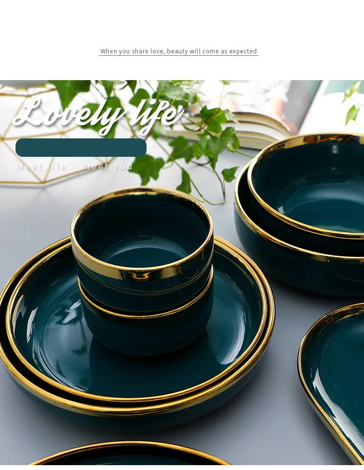 Gilt Rim Green Ceramic Plate Steak Food Plates Bowls Ins Dinner Dish Luxurious Porcelain Dinnerware Set For Family Hotel