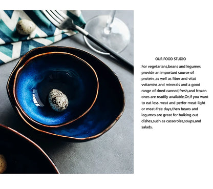 KINGLANG 1/2/4 Person Tableware Set Blue Color Ceramics Irregular Shape Dinner Set Dishes Plate
