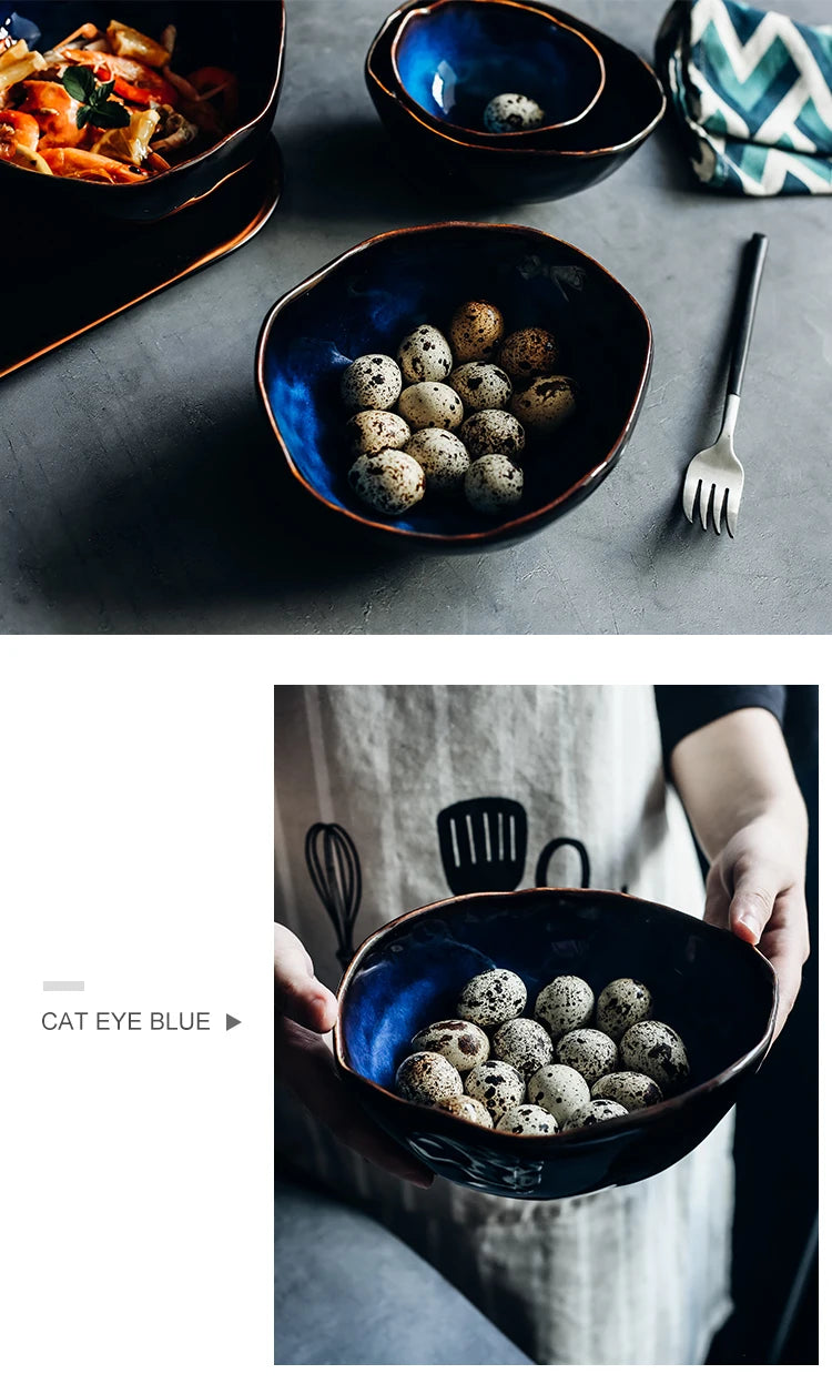 KINGLANG 1/2/4 Person Tableware Set Blue Color Ceramics Irregular Shape Dinner Set Dishes Plate
