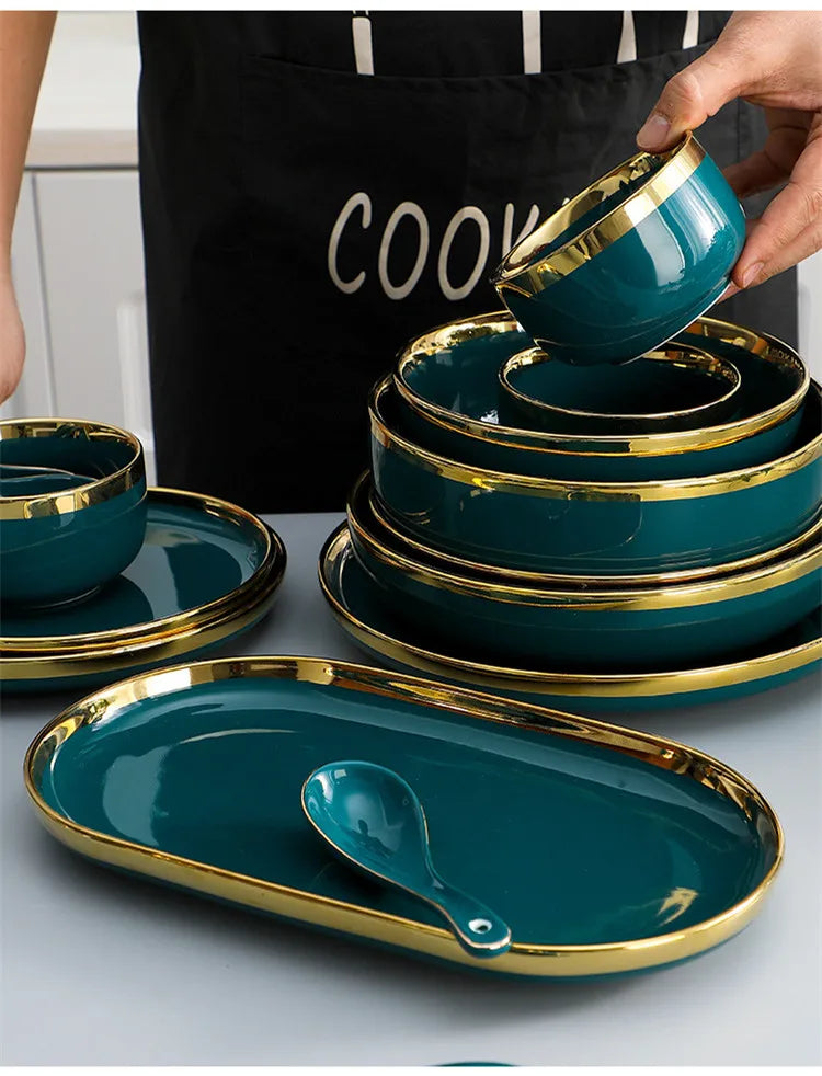 Green With Gold Inlay Quality Plates Full Set Luxury Steak Food Tray Ceramic Dinner Dish Salad Bowl Spoon Porcelain Dinnerware