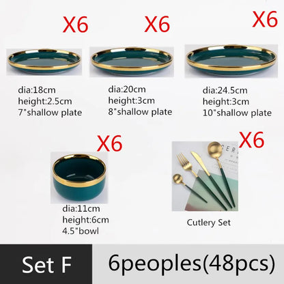 Gilt Rim Green Ceramic Plate Steak Food Plates Bowls Ins Dinner Dish Luxurious Porcelain Dinnerware Set For Family Hotel