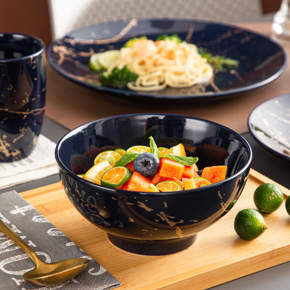 LOVECASA Dark Blue 16/32/48 Piece Procelain Tableware Set Design By Gold Splash with Dinner Plate,Cake plate,Bowls,Coffee Cups