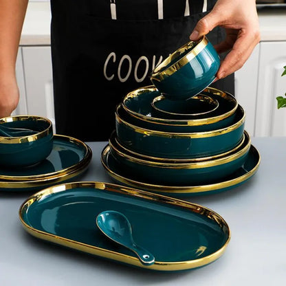 Green With Gold Inlay Quality Plates Full Set Luxury Steak Food Tray Ceramic Dinner Dish Salad Bowl Spoon Porcelain Dinnerware