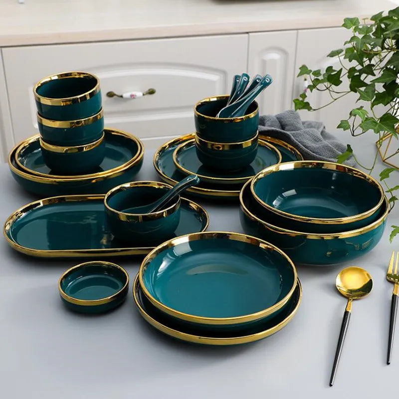Green With Gold Inlay Quality Plates Full Set Luxury Steak Food Tray Ceramic Dinner Dish Salad Bowl Spoon Porcelain Dinnerware