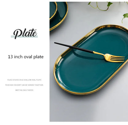 Green With Gold Inlay Quality Plates Full Set Luxury Steak Food Tray Ceramic Dinner Dish Salad Bowl Spoon Porcelain Dinnerware