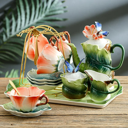 Ceramic Tea Set Teapot Teacup Artificial Flower Shape Cup and Saucer Set Coffee Mug Afternoon Tea Accessories Porcelain