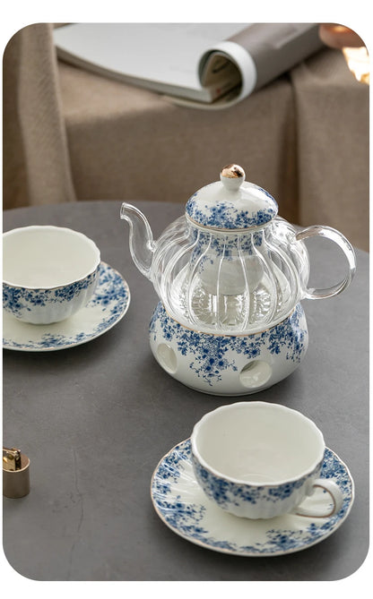 Ceramic tea set Garden style English style afternoon tea retro flower tea teapot can be heated blue and white cup saucer pot set