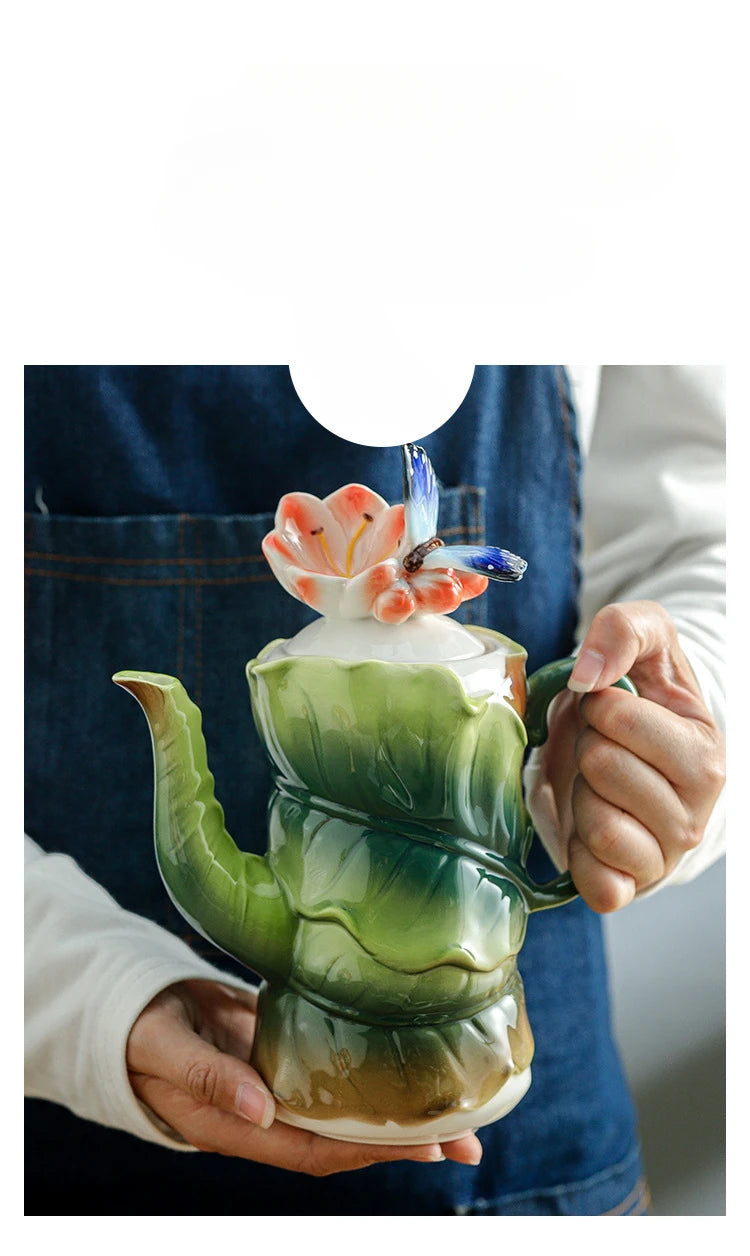 Ceramic Tea Set Teapot Teacup Artificial Flower Shape Cup and Saucer Set Coffee Mug Afternoon Tea Accessories Porcelain