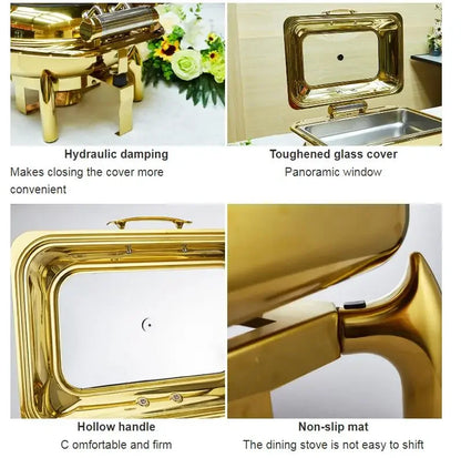 Nice round glass lid window hydraulic soft closing gold colour buffet chafers set hold accent food warmers buffet chafing dish