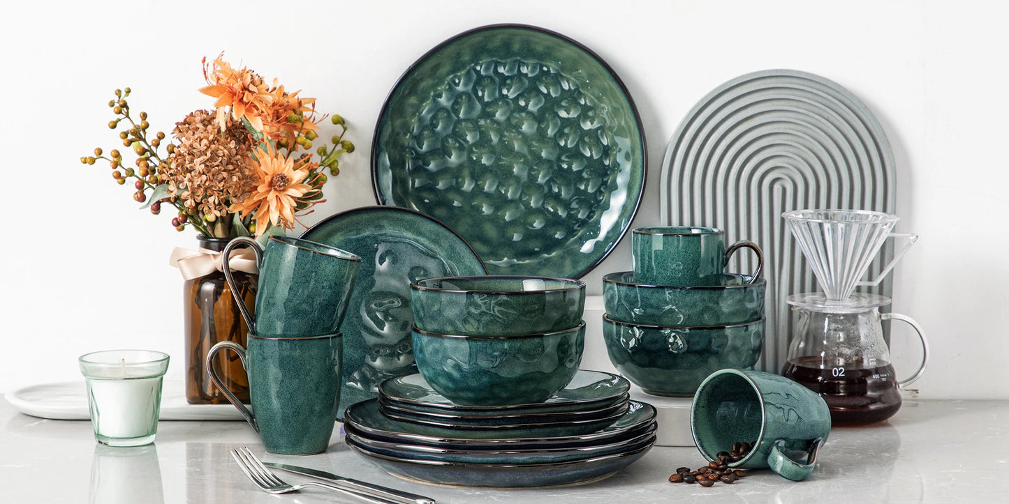 vancasso 16/32/48-Piece Starry Green Dinnerware Set,Kiln Change Glaze Porcelain Tableware Set with Dinner/Dessert Plate,Bowl,Mug