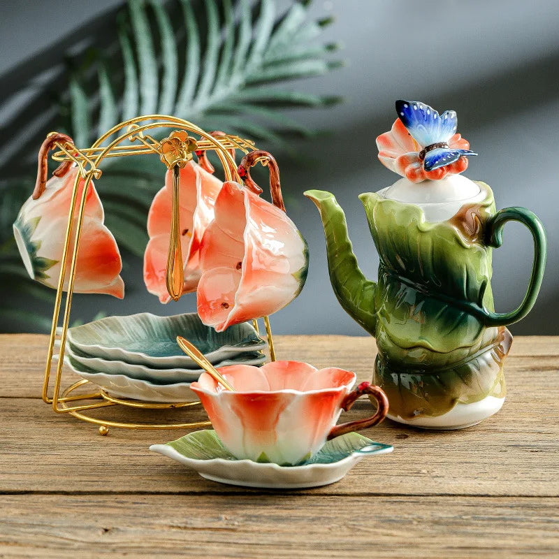 Ceramic Tea Set Teapot Teacup Artificial Flower Shape Cup and Saucer Set Coffee Mug Afternoon Tea Accessories Porcelain