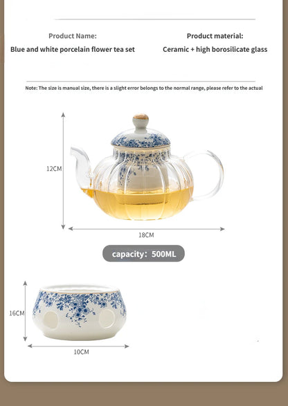Ceramic tea set Garden style English style afternoon tea retro flower tea teapot can be heated blue and white cup saucer pot set