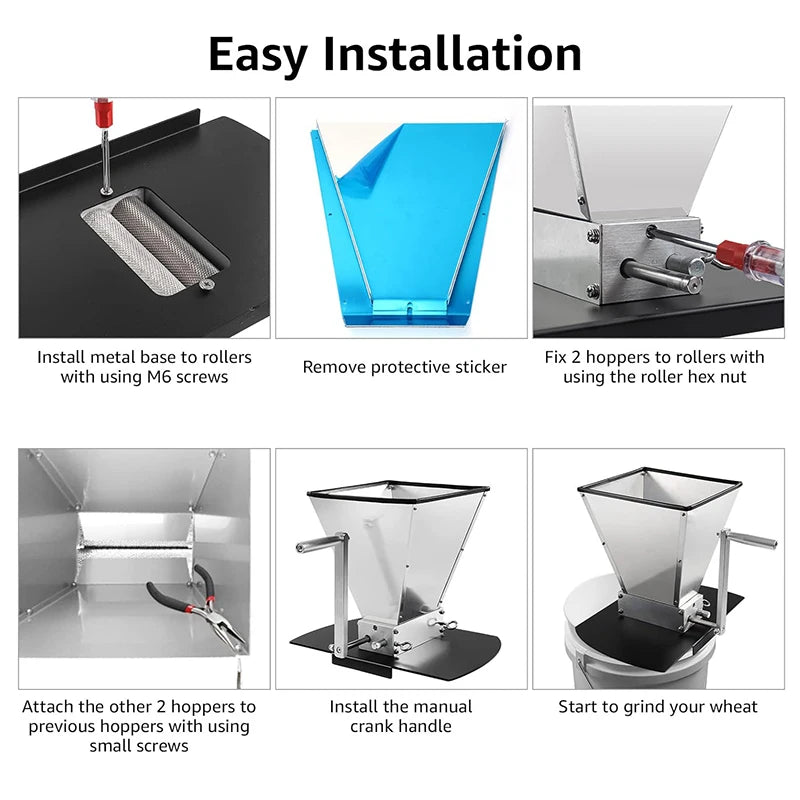 7.7LB Manual Malt Mill 2 Roller Stainless Steel Grain Crusher With Metal Base for Wheat Corn,Compatible with Electric Drill