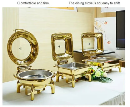 Nice round glass lid window hydraulic soft closing gold colour buffet chafers set hold accent food warmers buffet chafing dish