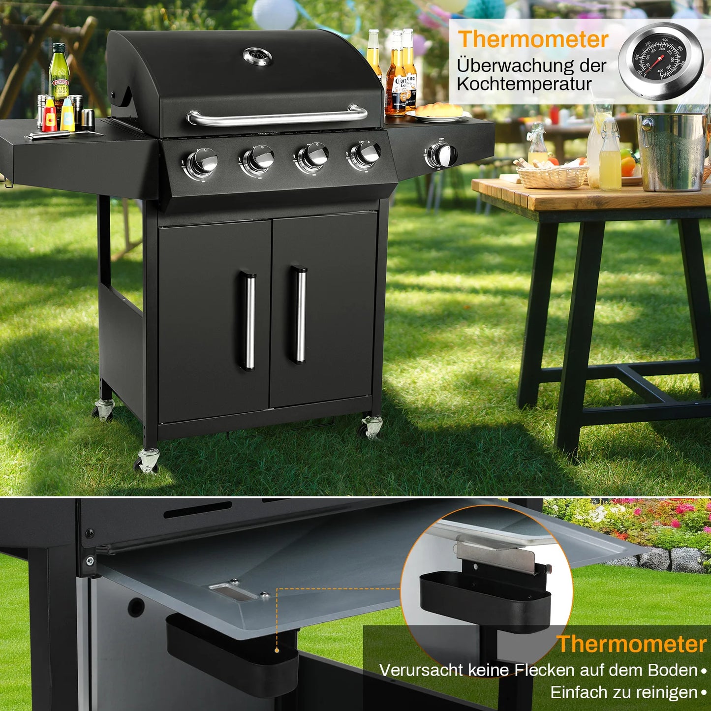 4+1 Burner Gas Grill with Side Burner 52,000 BTUs, Big Cooking Area, Propane BBQ Grill with Stainless Steel Panel for Outdoor