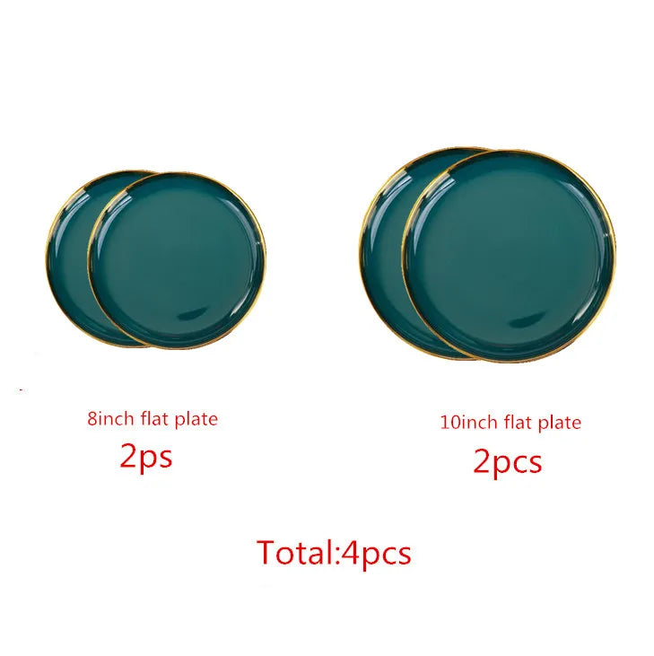 Gilt Rim Green Ceramic Plate Steak Food Plates Bowls Ins Dinner Dish Luxurious Porcelain Dinnerware Set For Family Hotel