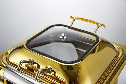 Nice round glass lid window hydraulic soft closing gold colour buffet chafers set hold accent food warmers buffet chafing dish