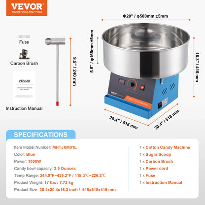 SucceBuy Electric Cotton Candy Machine 1000W Candy Floss Maker Commercial Cotton Candy Machine Stainless Steel Bowl Sugar Scoop