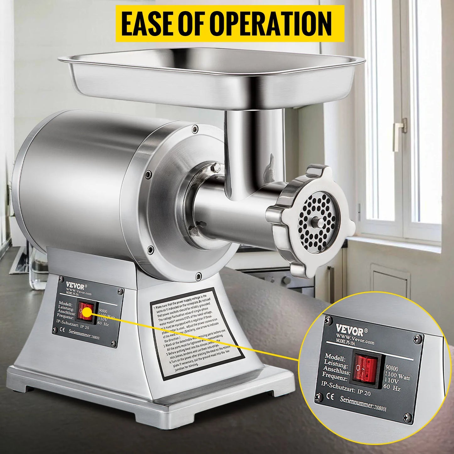 VEVOR Commercial Meat Grinder 550LB/h Electric Sausage Maker Stainless Steel with 2 Blades, Grinding Plates & Stuffing Tubes