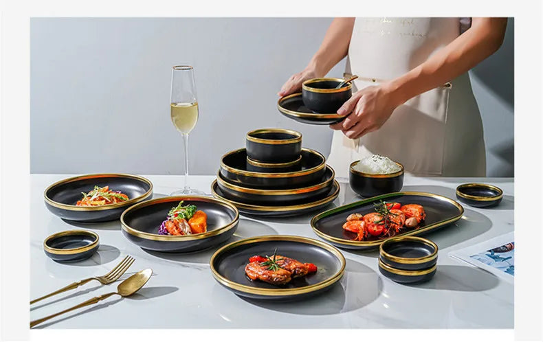 Gilt Rim Black Porcelain Dinner Plates Kitchen Dishes Ceramics Tableware Food Tray Rice Salad Noodles Bowl Cutlery Set