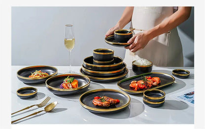 Gilt Rim Black Porcelain Dinner Plates Kitchen Dishes Ceramics Tableware Food Tray Rice Salad Noodles Bowl Cutlery Set