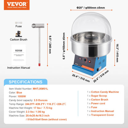 SucceBuy Electric Cotton Candy Machine 1000W Candy Floss Maker Commercial Cotton Candy Machine Stainless Steel Bowl Sugar Scoop