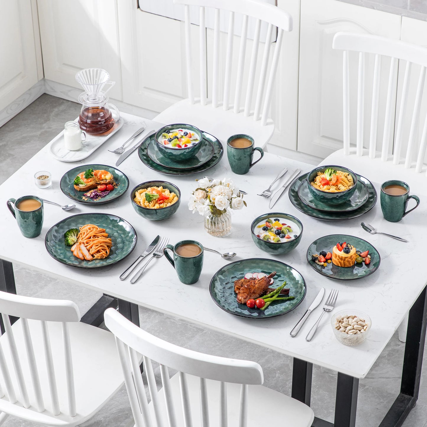 vancasso 16/32/48-Piece Starry Green Dinnerware Set,Kiln Change Glaze Porcelain Tableware Set with Dinner/Dessert Plate,Bowl,Mug
