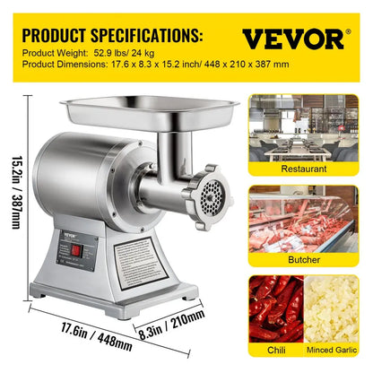 VEVOR Commercial Meat Grinder 550LB/h Electric Sausage Maker Stainless Steel with 2 Blades, Grinding Plates & Stuffing Tubes