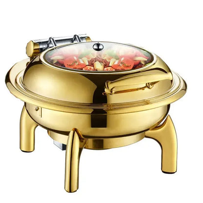 Nice round glass lid window hydraulic soft closing gold colour buffet chafers set hold accent food warmers buffet chafing dish