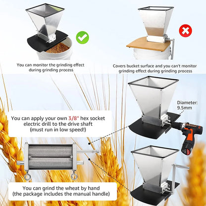 7.7LB Manual Malt Mill 2 Roller Stainless Steel Grain Crusher With Metal Base for Wheat Corn,Compatible with Electric Drill