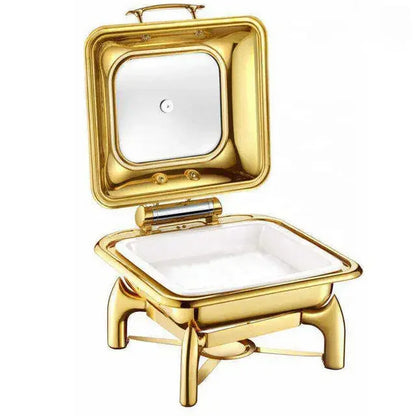 Nice round glass lid window hydraulic soft closing gold colour buffet chafers set hold accent food warmers buffet chafing dish