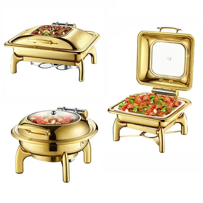 Nice round glass lid window hydraulic soft closing gold colour buffet chafers set hold accent food warmers buffet chafing dish