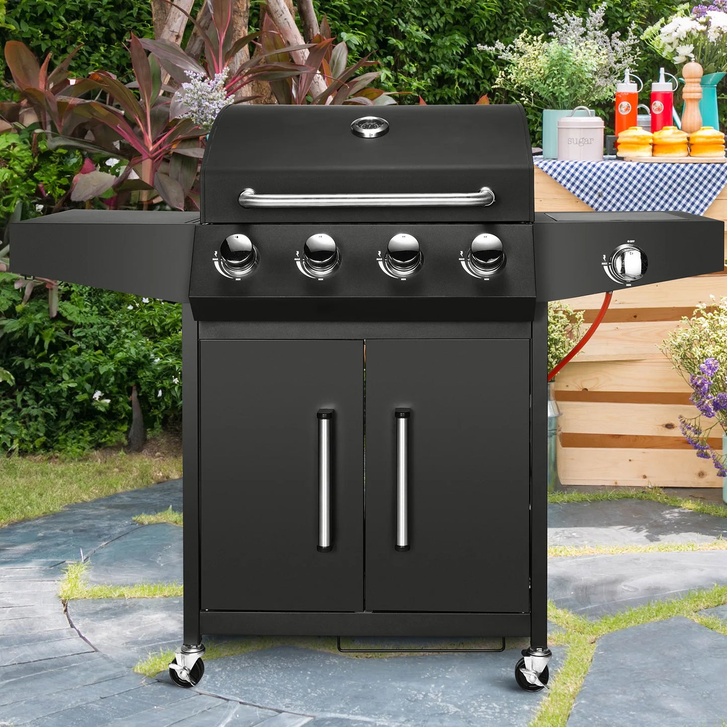 4+1 Burner Gas Grill with Side Burner 52,000 BTUs, Big Cooking Area, Propane BBQ Grill with Stainless Steel Panel for Outdoor