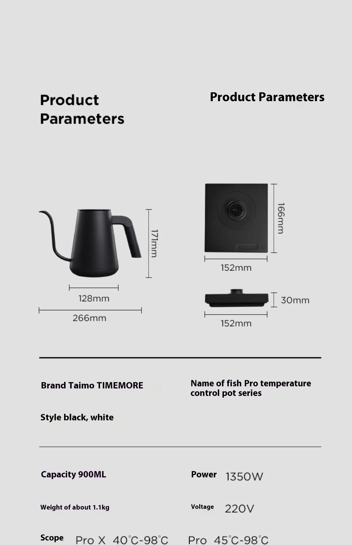 IN Stock Timemore Fish Pro X Electric Pour Over Kettle 900ml220v Fine Mouth Temperature Control Competition Hand Brew Coffee Pot