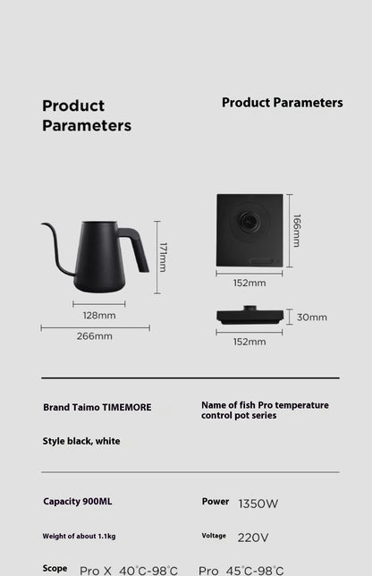 IN Stock Timemore Fish Pro X Electric Pour Over Kettle 900ml220v Fine Mouth Temperature Control Competition Hand Brew Coffee Pot