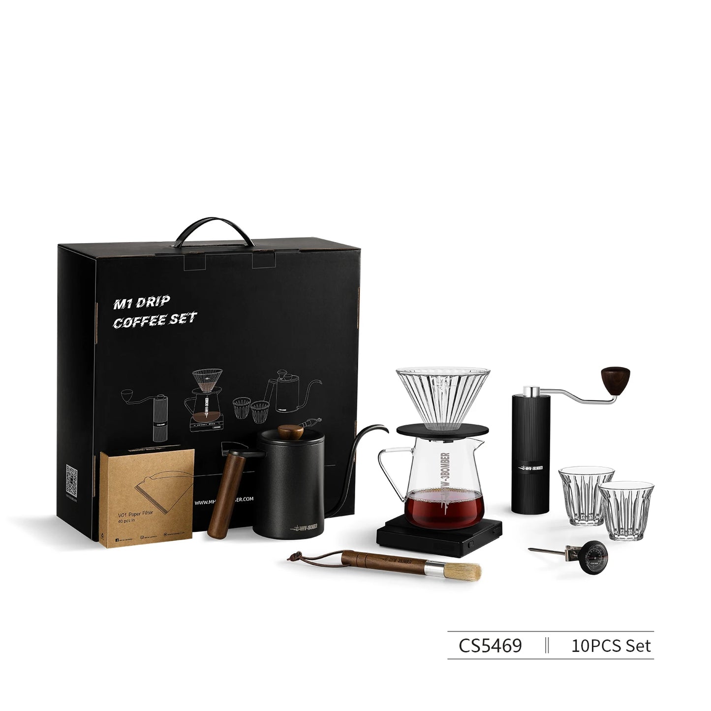 MHW-3BOMBER Deluxe Hand Brewed Coffee Set of 1 Pieces Kitchen Espresso Scale Coffee Grinder and Filter Cups Pour Over Kettle
