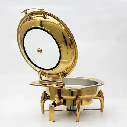 Nice round glass lid window hydraulic soft closing gold colour buffet chafers set hold accent food warmers buffet chafing dish