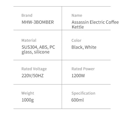 MHW-3BOMBER Smart Electric Coffee Kettle Precise Temperature Control Gooseneck Kettles Pour Over Coffee Home Barista Accessories