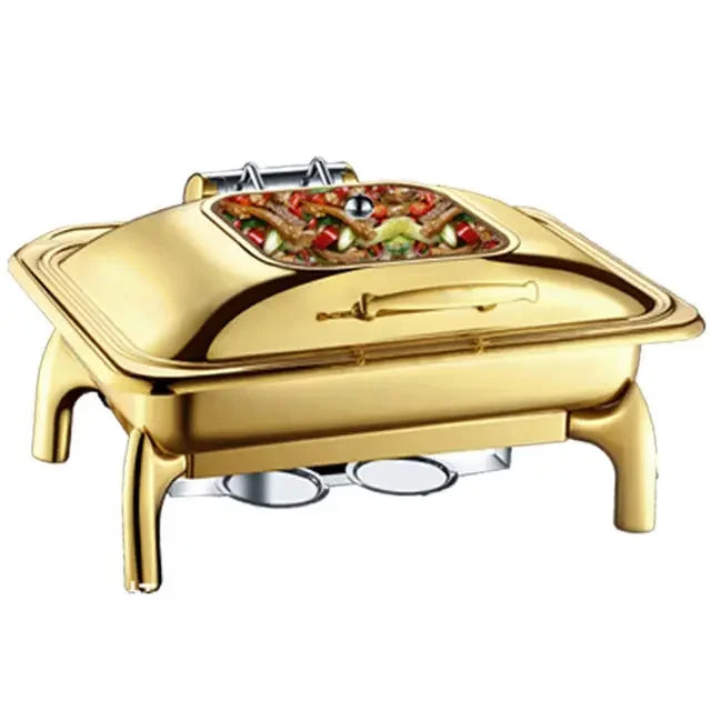 Nice round glass lid window hydraulic soft closing gold colour buffet chafers set hold accent food warmers buffet chafing dish