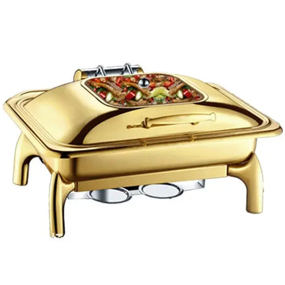 Nice round glass lid window hydraulic soft closing gold colour buffet chafers set hold accent food warmers buffet chafing dish