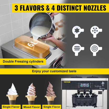 VEVOR Soft Ice Cream Machines 18-28L/H Commercial Sorbet Coolers Tricolor Desktop Sweet Cone Freezing Equipment Vending Machine