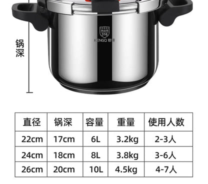 Thickened Pressure Cooker for Home Use, 316 Stainless Steel, Anti-Explosion, Gas and Induction Cookers Compatible