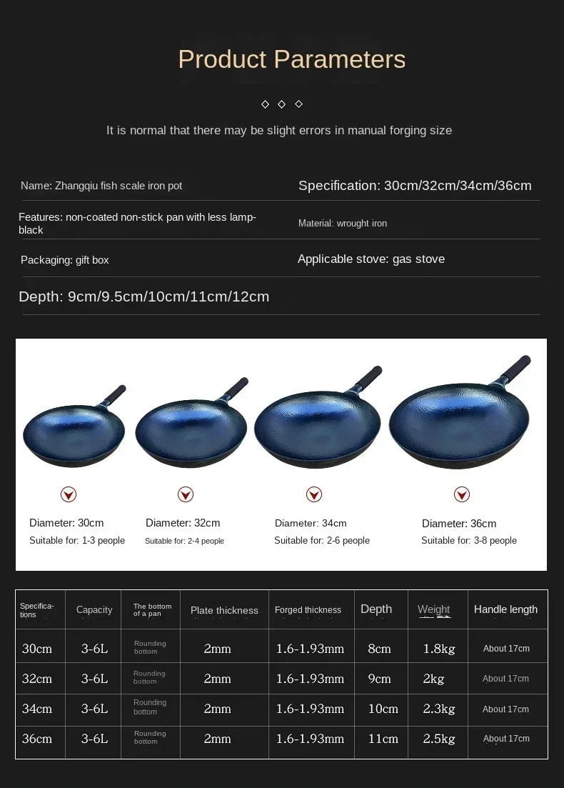 Zhangqiu Iron Pan Hand-Forged Household Wok Uncoated Scale Wok Non-Stick Pan Old Fashioned Wok Wholesale