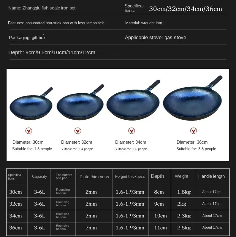 Zhangqiu Iron Pan Hand-Forged Household Wok Uncoated Scale Wok Non-Stick Pan Old Fashioned Wok Wholesale