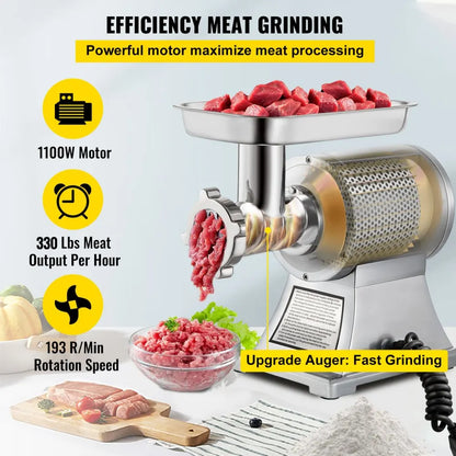 VEVOR Commercial Meat Grinder 550LB/h Electric Sausage Maker Stainless Steel with 2 Blades, Grinding Plates & Stuffing Tubes