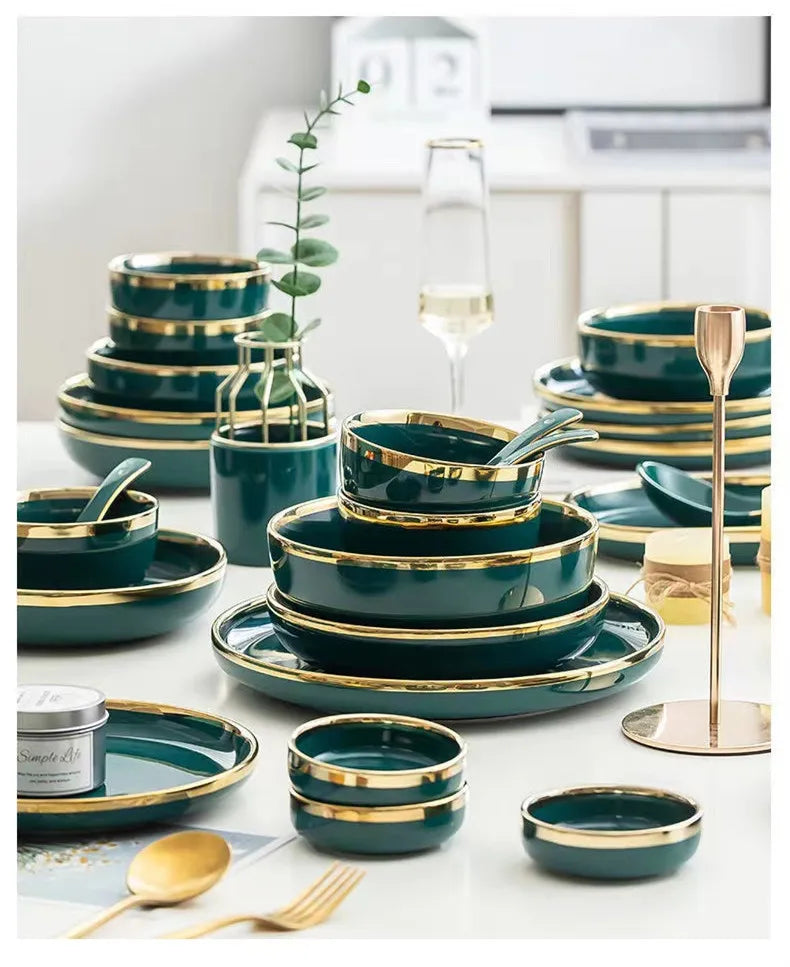 Green With Gold Inlay Quality Plates Full Set Luxury Steak Food Tray Ceramic Dinner Dish Salad Bowl Spoon Porcelain Dinnerware